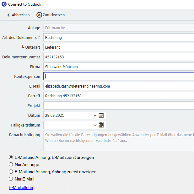 DocuWare Outlook Ablagedialog